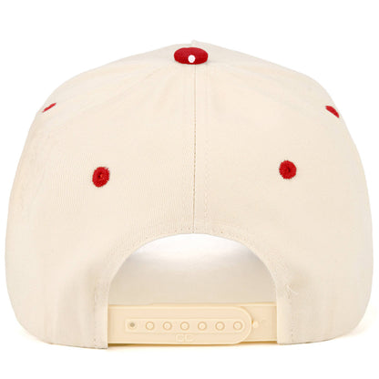 Beige cap with red accents on a white background.