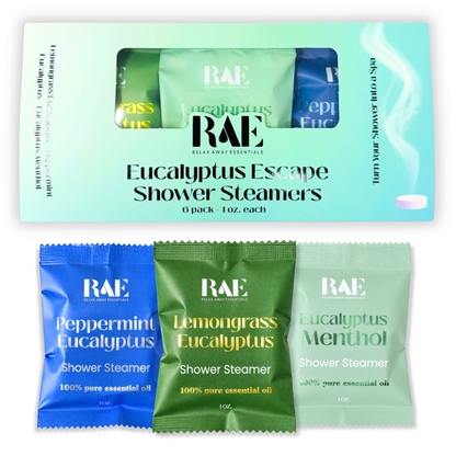 RAE Eucalyptus Escape Shower Steamers packaging with individual packages displayed below.
