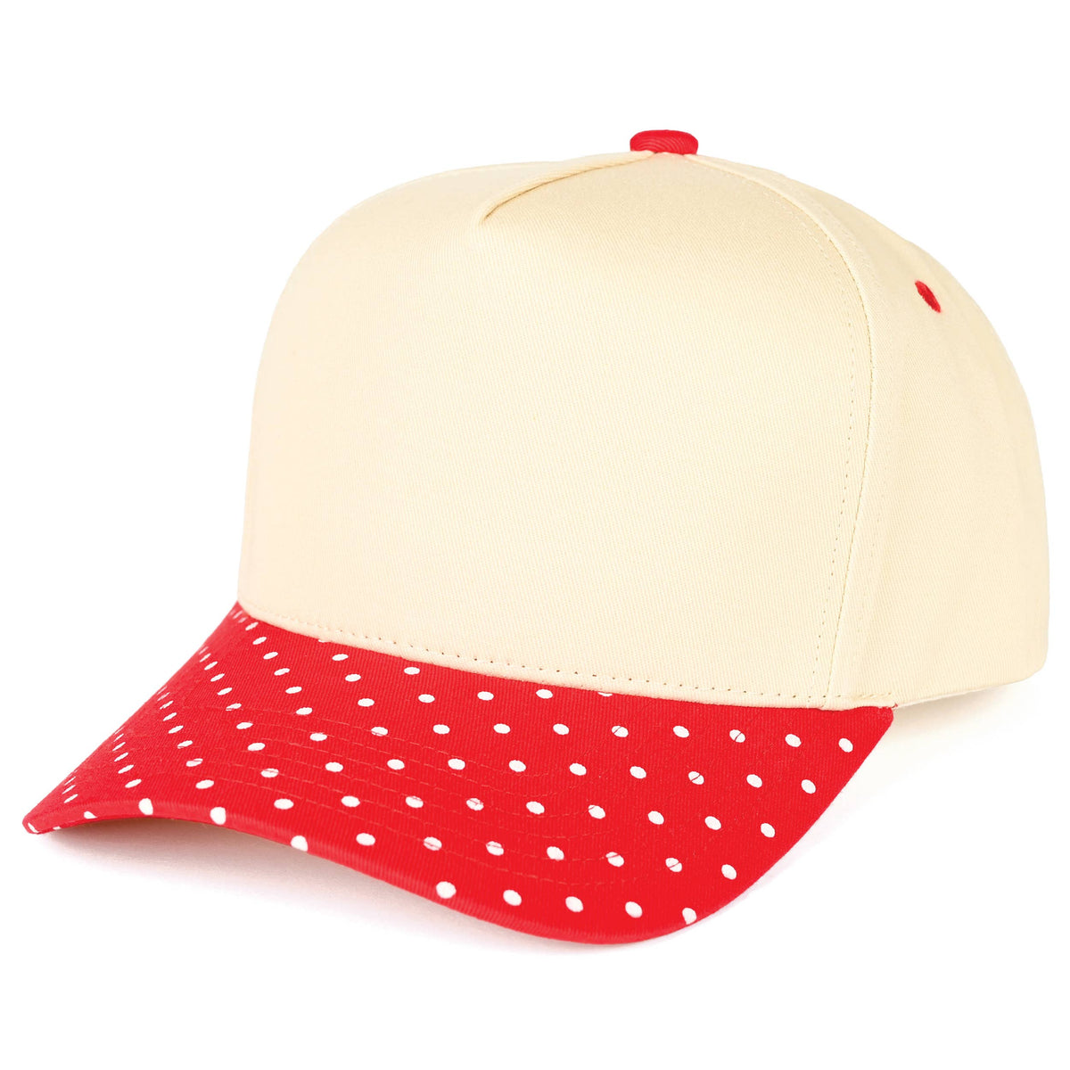 Beige cap with a red and white polka dot brim on a white background.