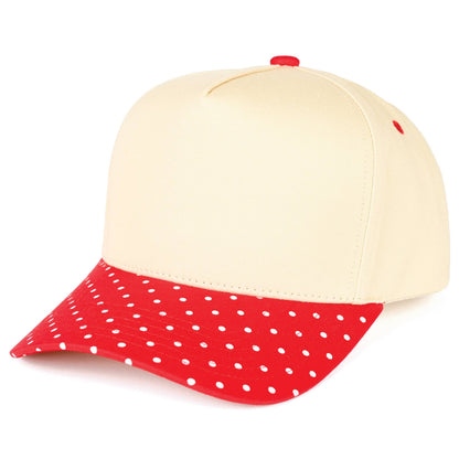 Beige cap with a red and white polka dot brim on a white background.