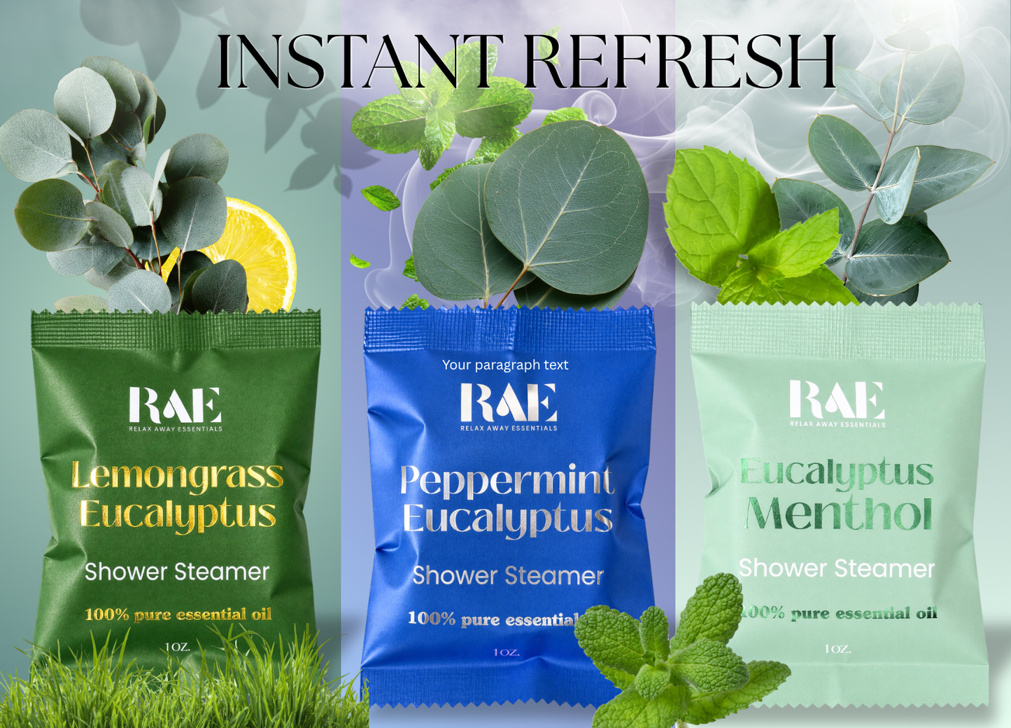 Three RAE shower steamer packages with lemongrass, peppermint, and eucalyptus scents on a green background.