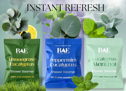 Three RAE shower steamer packages with lemongrass, peppermint, and eucalyptus scents on a green background.