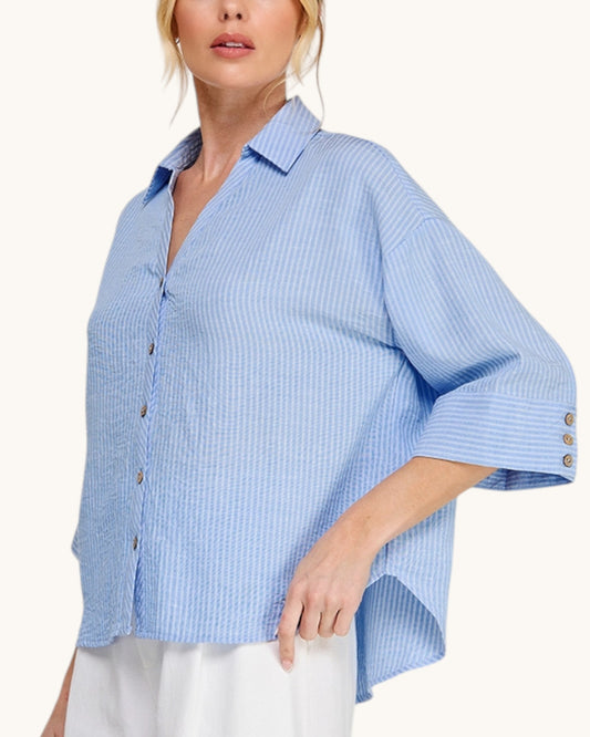 Hampton Breeze Woven Button Up Shirt with a classic collar and 3/4 length sleeves. 