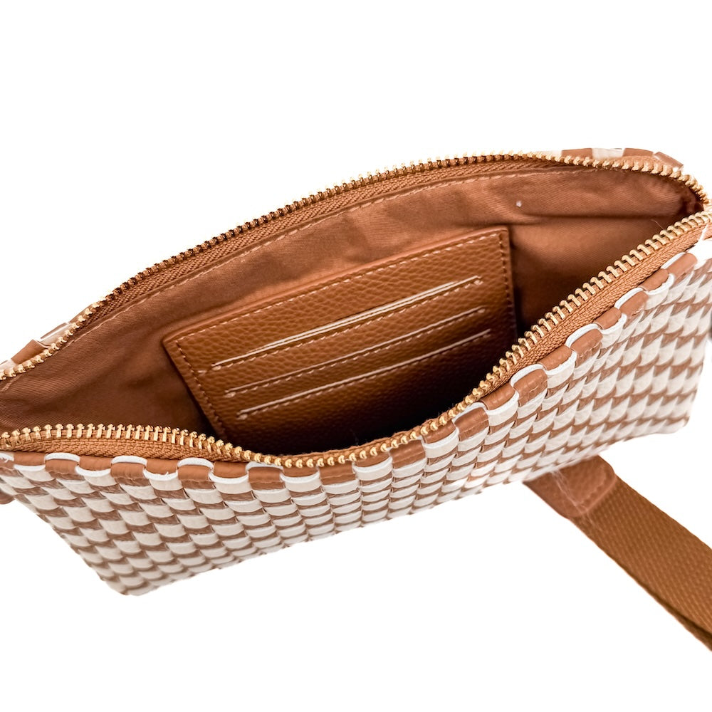 Woven Vegan Leather Wristlet or Clutch with removable strap – Toffee Brown and White Checker Print  