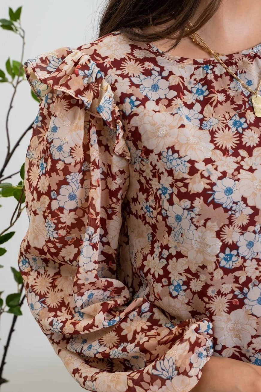 Burgundy Floral Ruffled Long Sleeve Top