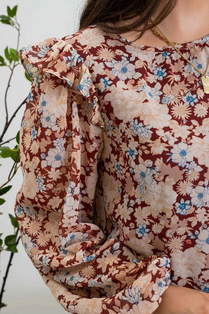 Burgundy Floral Ruffled Long Sleeve Top