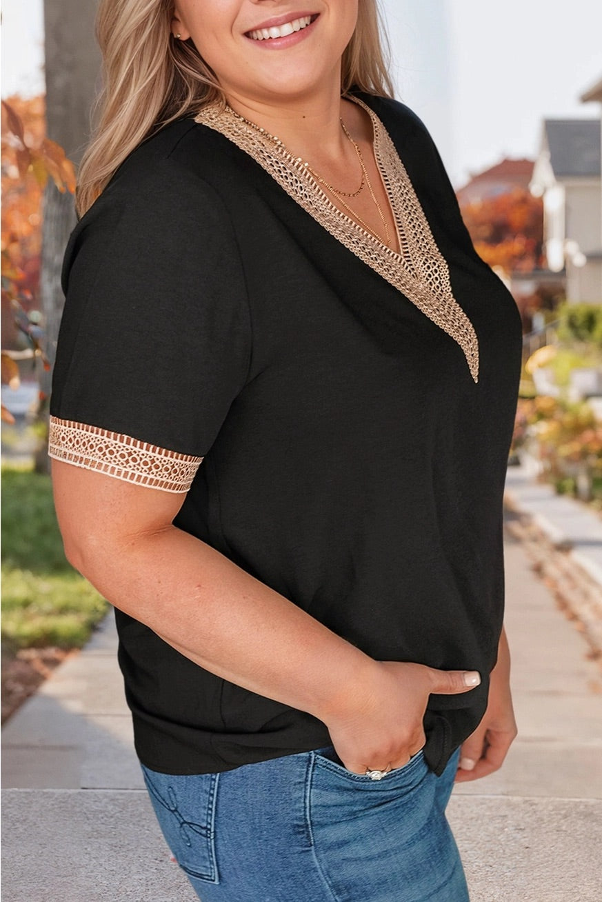 Short Sleeve Tan Lace & Black Curvy Top