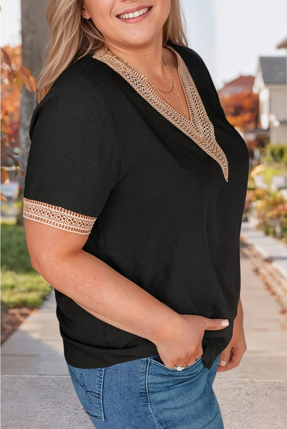 Short Sleeve Tan Lace & Black Curvy Top