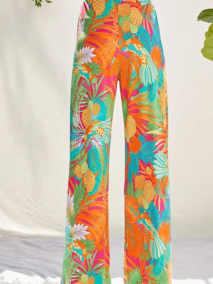 Multi-Color Tropical Print High Waisted Palazzo Pant