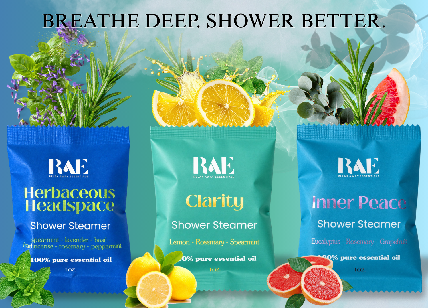 Three RAE shower steamer packages with herbs, lemons, and grapefruits on a blue background.