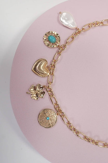 Boho Gold and Turquoise 5-Charm Statement Necklace