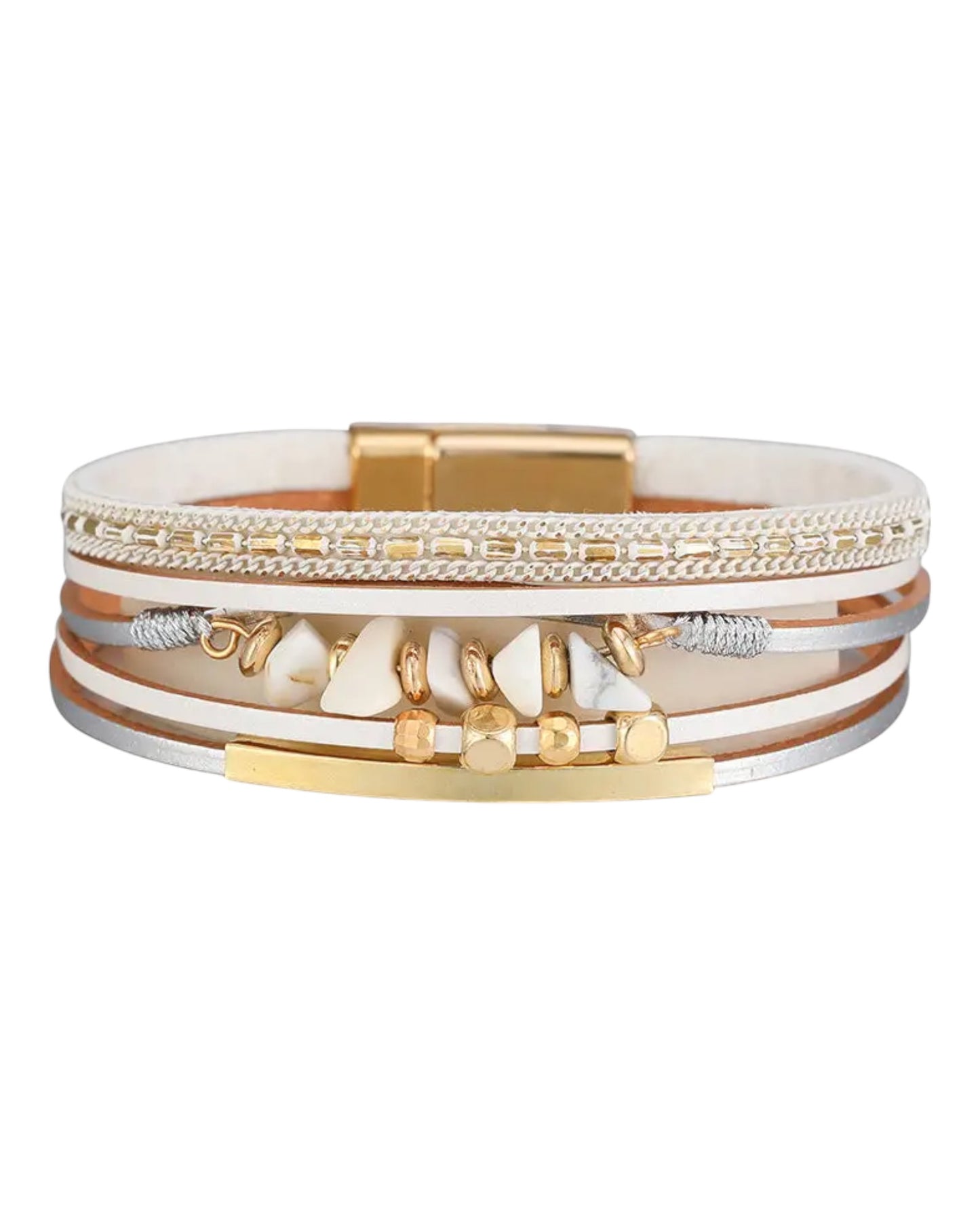 Ivory Boho Natural Stone and Leather Woven Bracelet