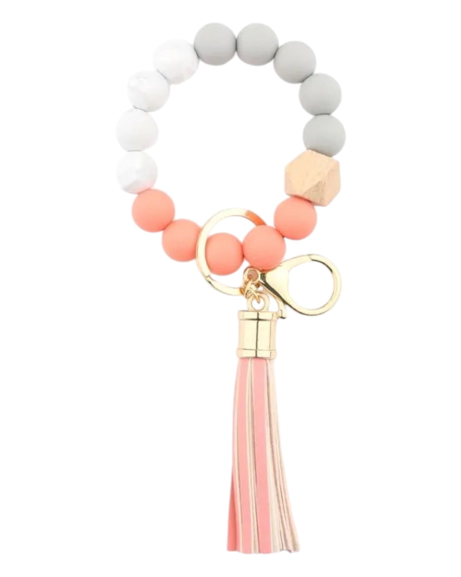 Coral/peach, grey and white silicone and leather tassel boho inspired keychain wristlet / bracelet. 