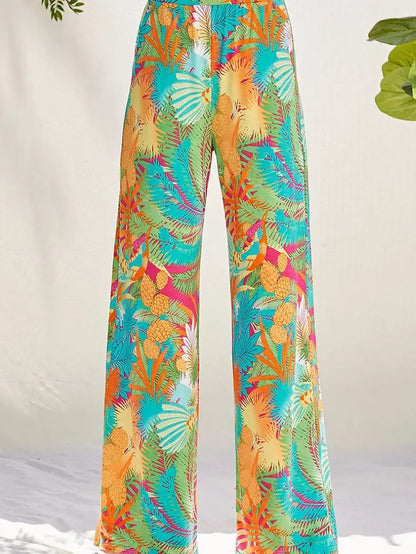 Multi-Color Tropical Print High Waisted Palazzo Pant