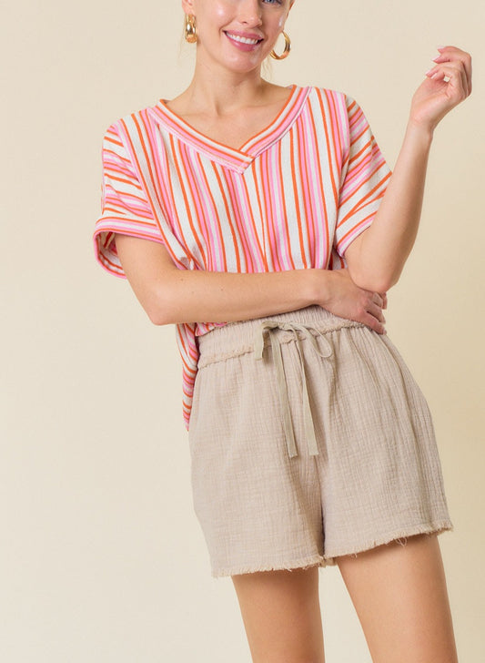 Frayed Khaki Cotton Gauze Shorts