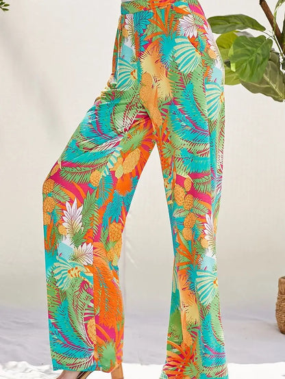 Multi-Color Tropical Print High Waisted Palazzo Pant