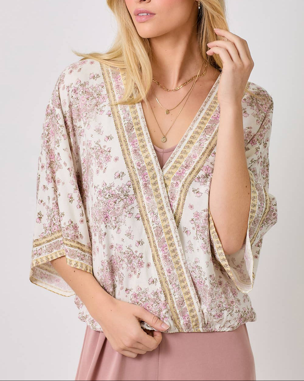 Ivory floral kimono wrap top with 3/4 sleeves and vintage floral print.