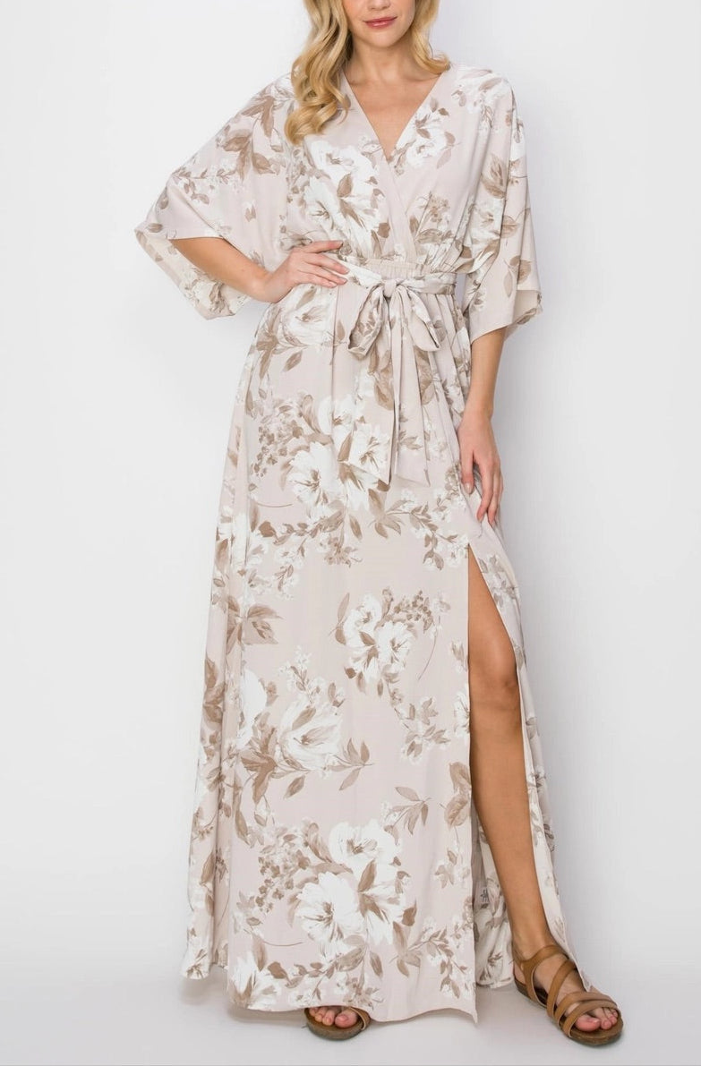 Taupe Floral Belted Maxi Wrap Dress