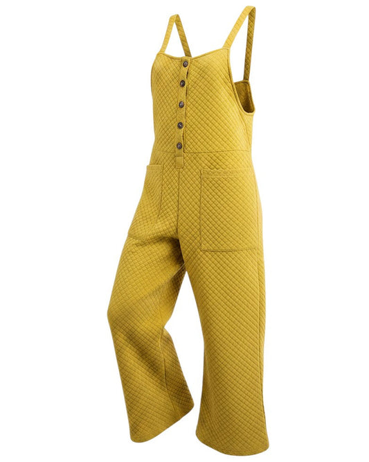 An avocado yellow/green quilted jumper with wide legs, featuring a button-up front and a front patch pockets, shown against a plain white background.