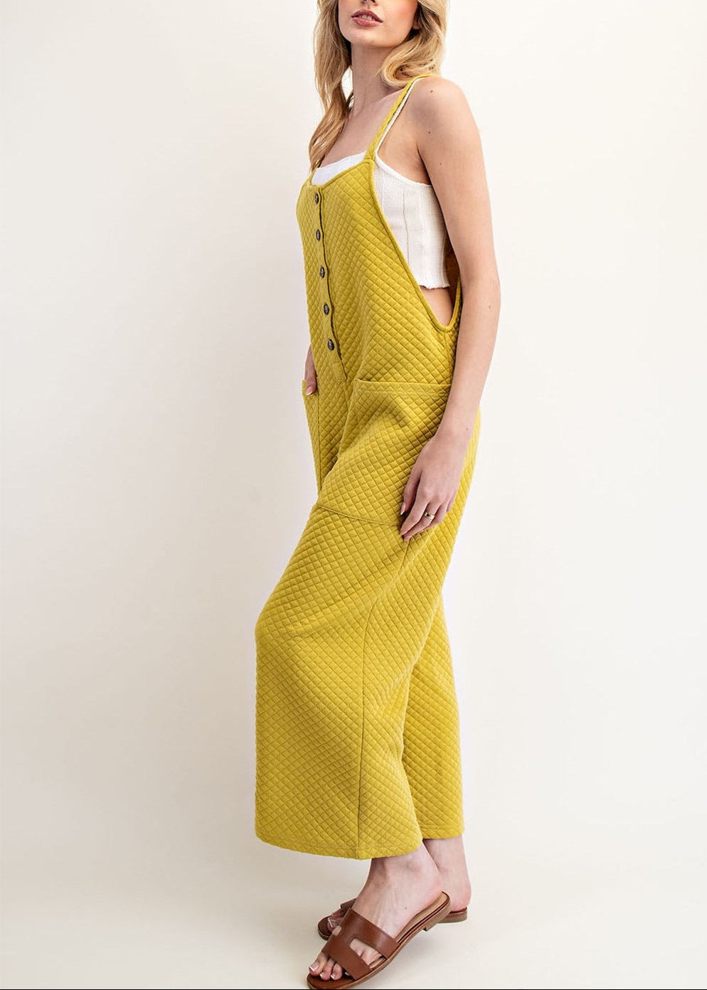Go Anywhere Textured Jumpsuit in Avocado - angled side view
