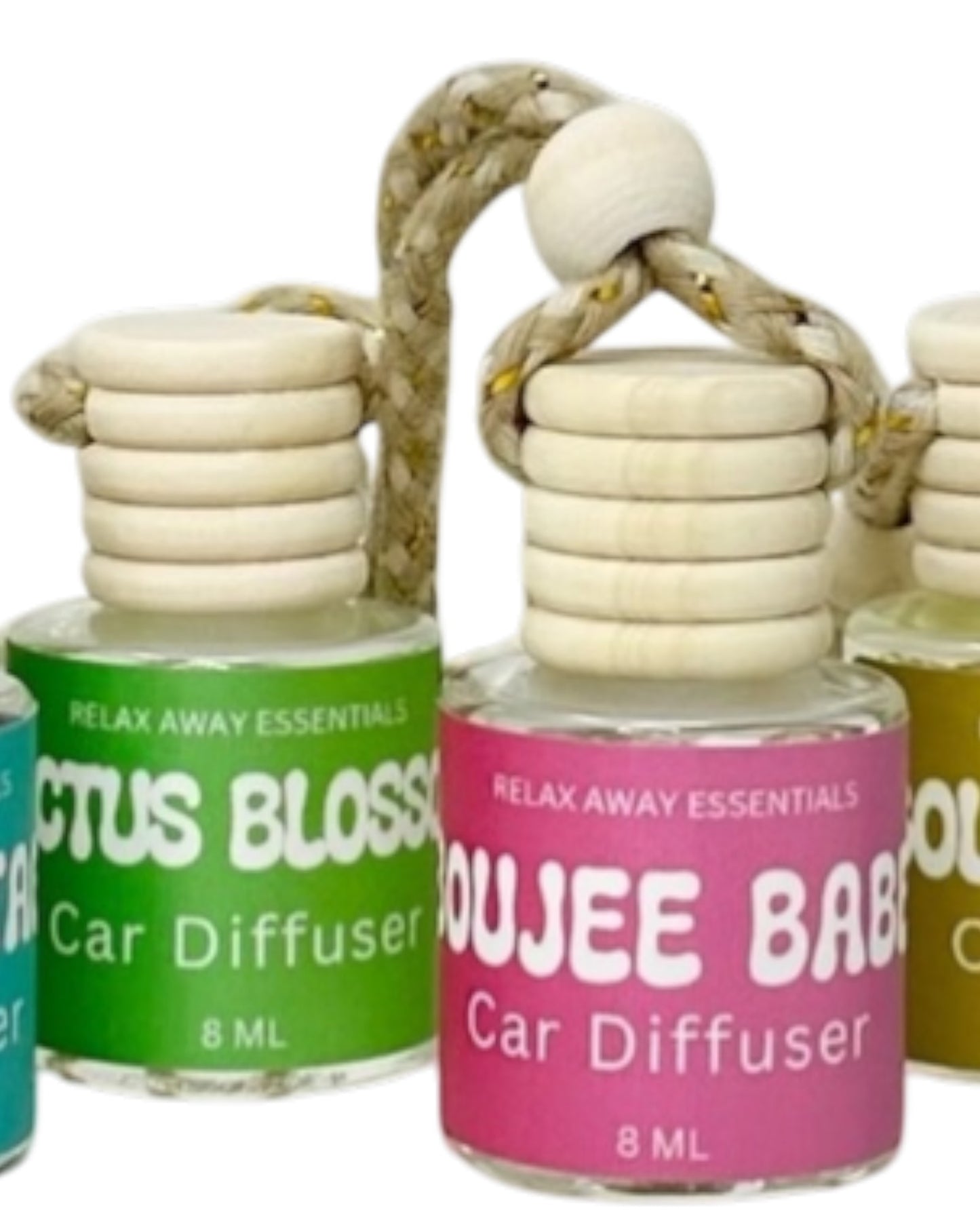 Car diffusers with wooden beads and colorful labels on a white background.