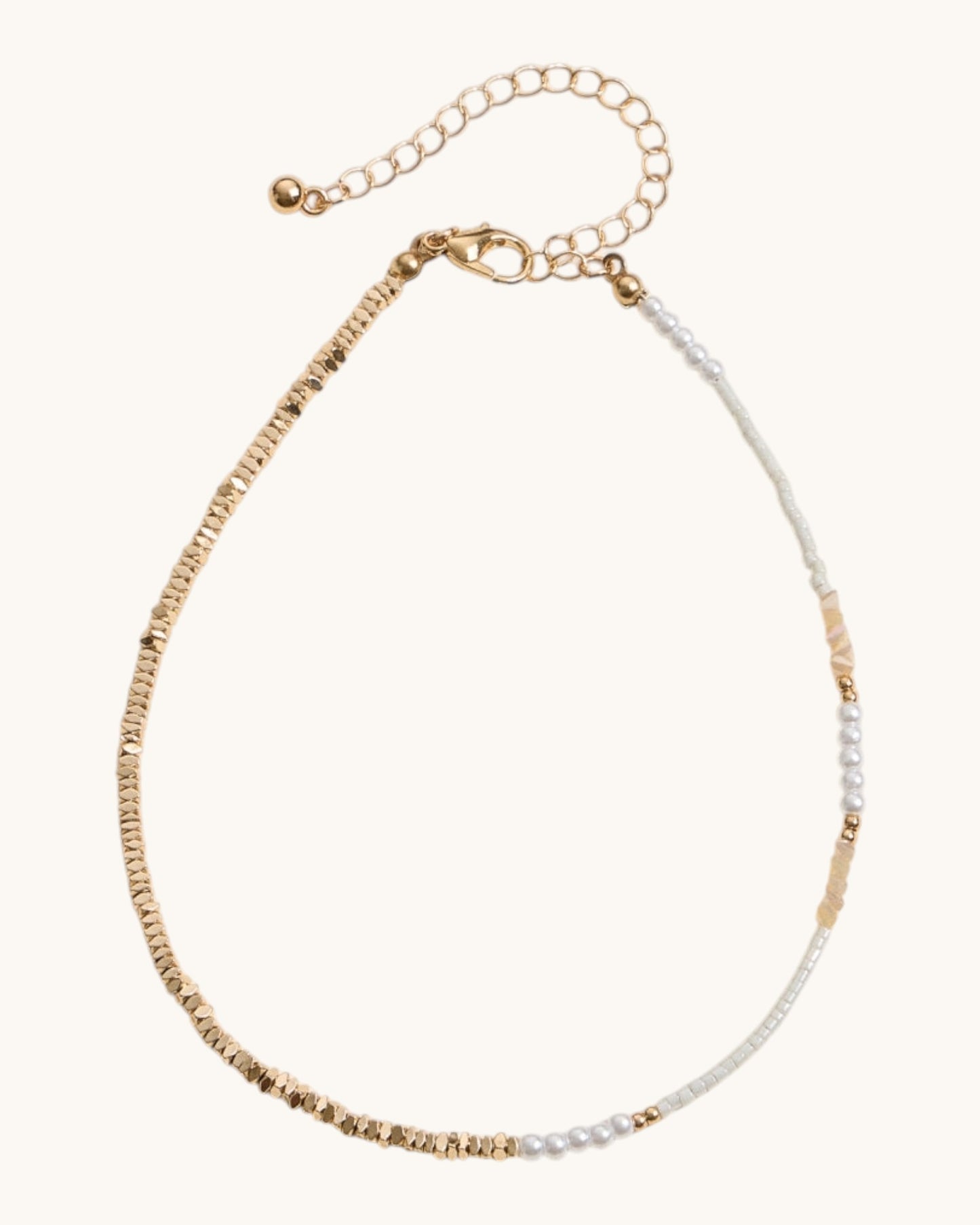  Detail shot of Summer Lovin Glass Bead and Pearl Anklet adjustable chain closure with faux pearl and bead accents in White.