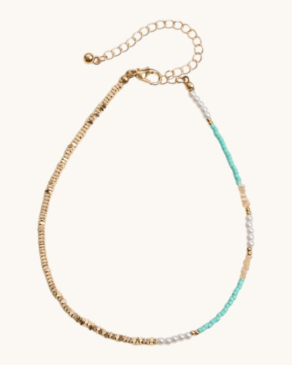  Detail shot of Summer Lovin Glass Bead and Pearl Anklet adjustable chain closure with faux pearl and bead accents in Mint.
