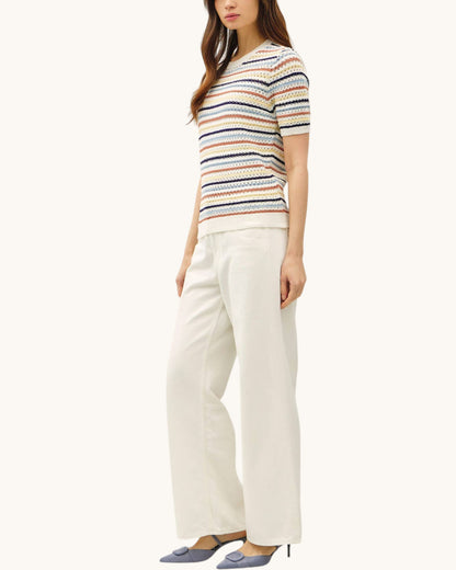 A model wearing a short-sleeve knit top with horizontal multicolor stripes (orange, blue, yellow, and white) paired with wide-leg cream trousers and blue heels, set against a plain off-white background.