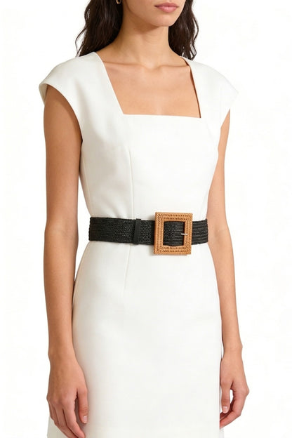 Woman in white dress wearing the Black Wanderlust Boho Adjustable Buckle Belt.