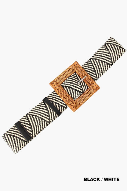 Wanderlust Boho Adjustable Buckle Belt in Black and White with Camel Buckle.