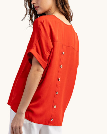 Summer Heat Back Button V-Neck Top, side and back view red top with faux buttons up back.
