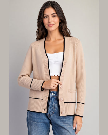 Sand cardigan with black contrast trim, V-neckline, buttons, and front pockets