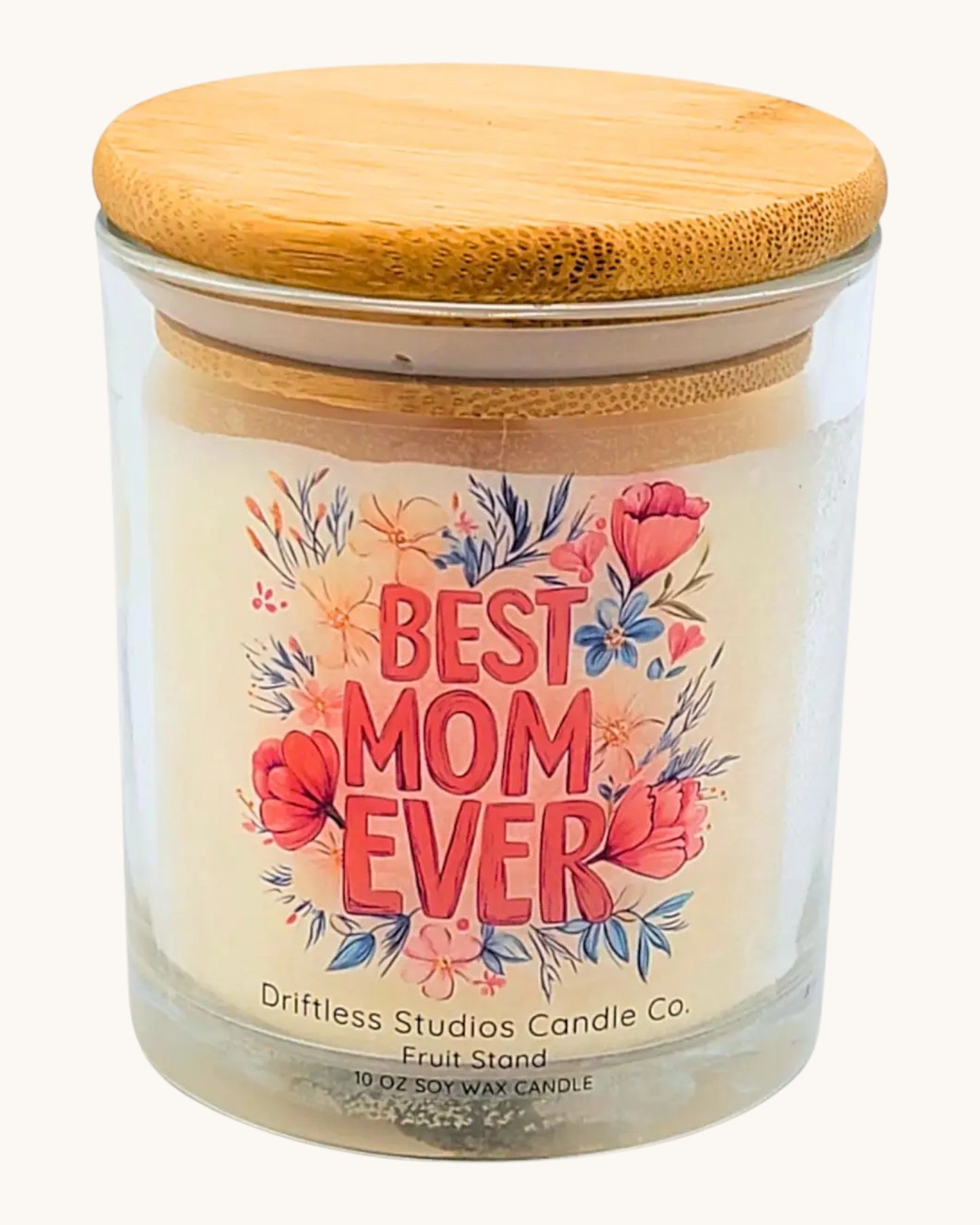 Candle jar with 'Best Mom Ever' text and floral design, wooden lid.