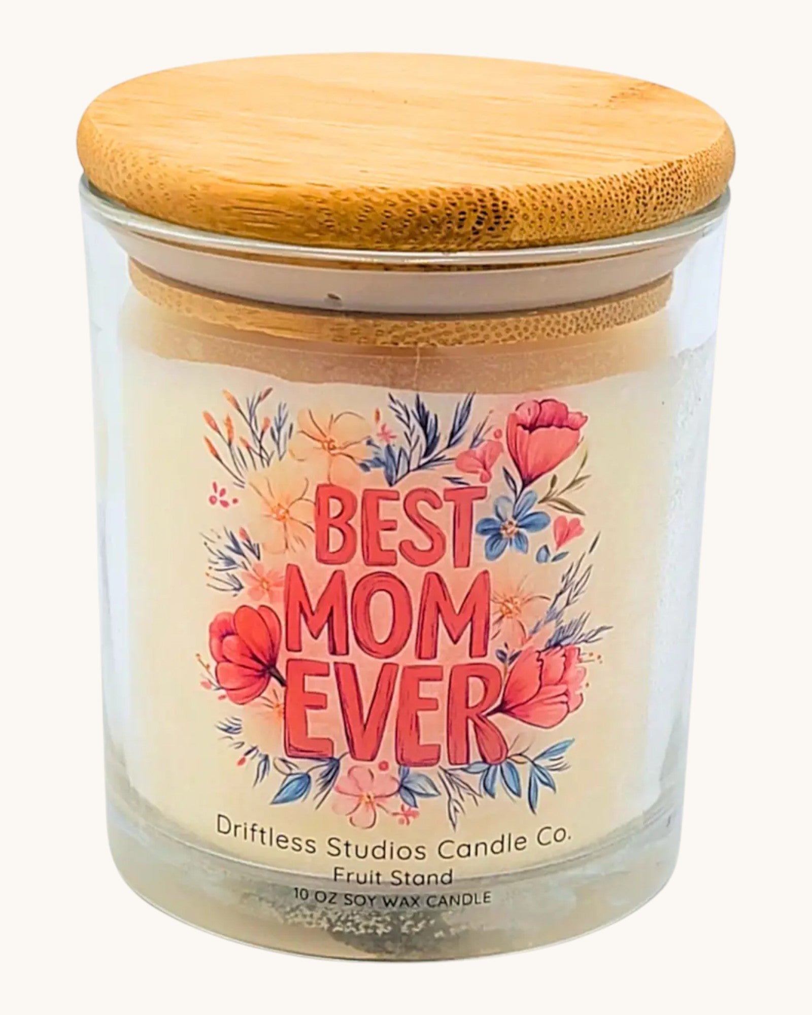 Candle jar with 'Best Mom Ever' text and floral design, wooden lid.