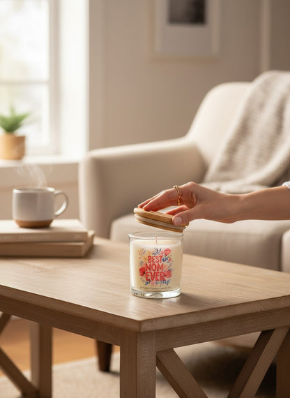 Person placing a candle with a wooden lid on a table in a cozy living room.