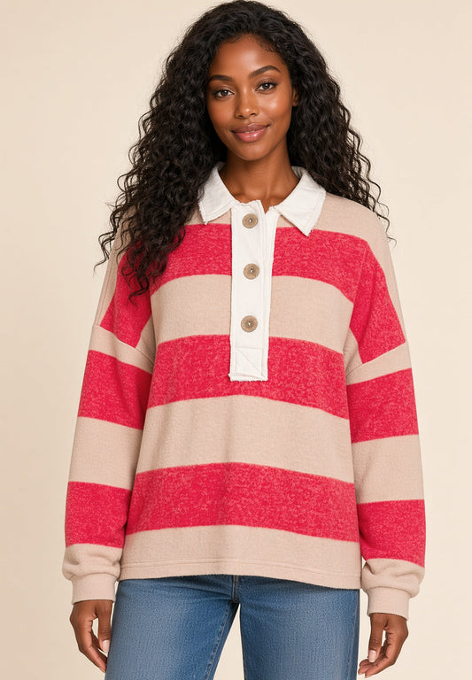 Woman wearing the Big Fan Red and Beige Stripe Polo Top.