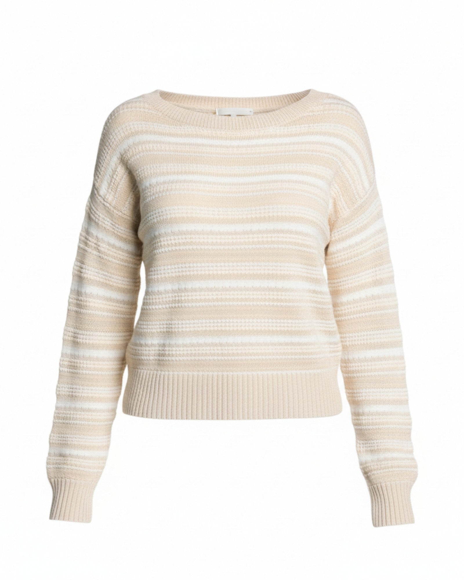White and light beige textured knit sweater with boat neckline and relaxed fit.