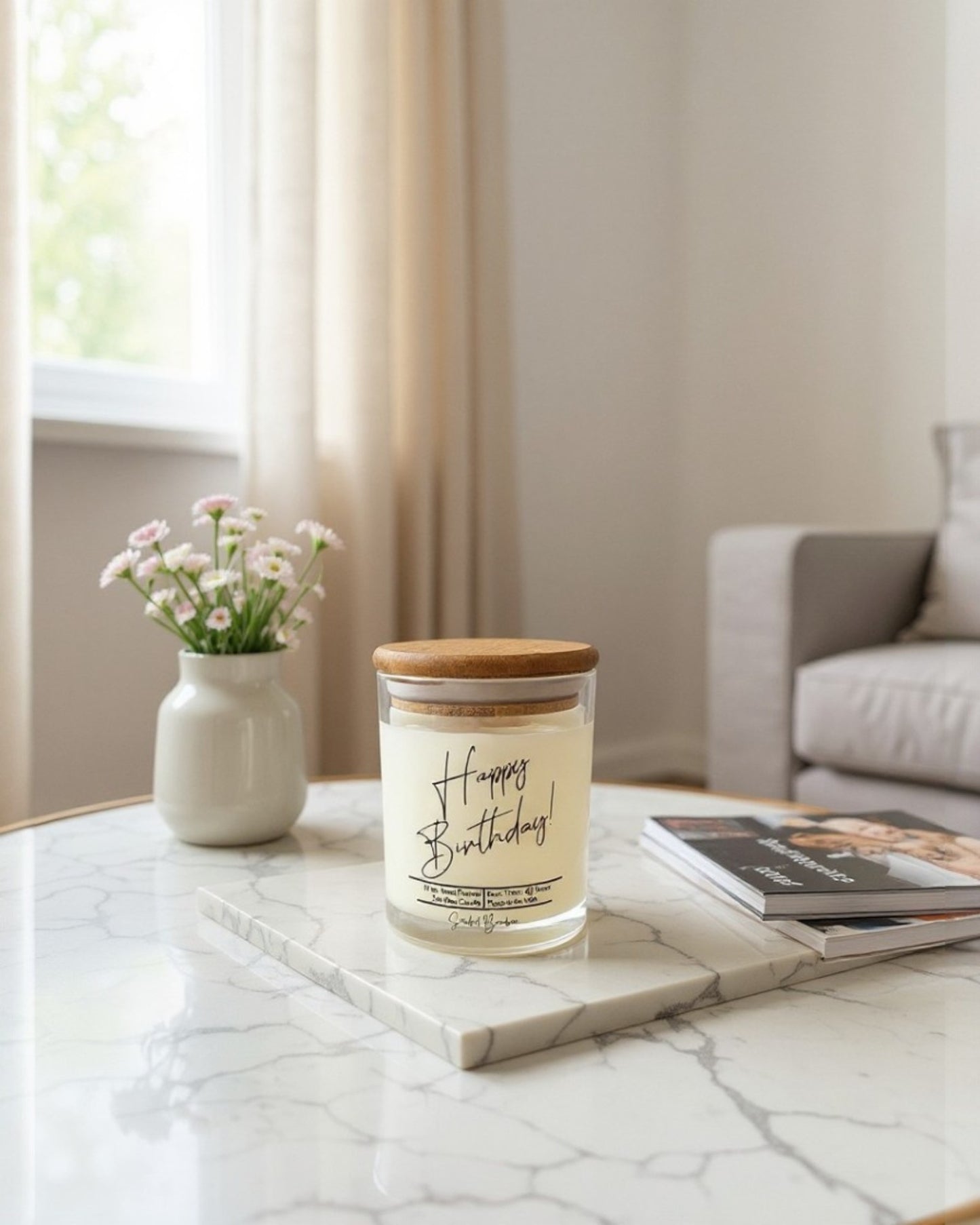 Candle with 'Happy Birthday' text on a marble surface next to a vase with flowers and a magazine.