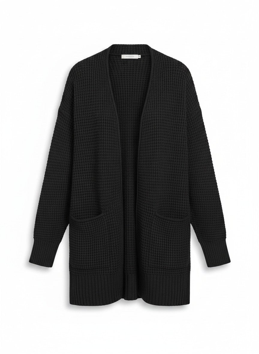 Black Waffle Knit relaxed fit cardigan on white background. 