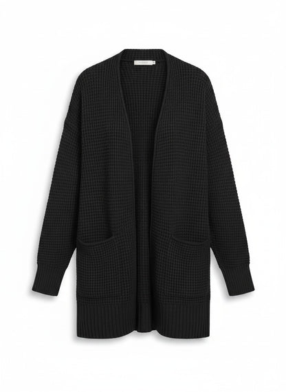 Black Waffle Knit relaxed fit cardigan on white background. 