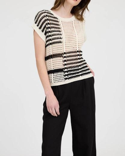 Black and cream sheer crochet short sleeve top with relaxed fit. 