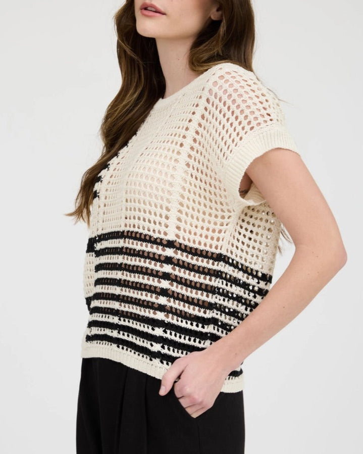 Black and cream sheer crochet short sleeve top with relaxed fit.