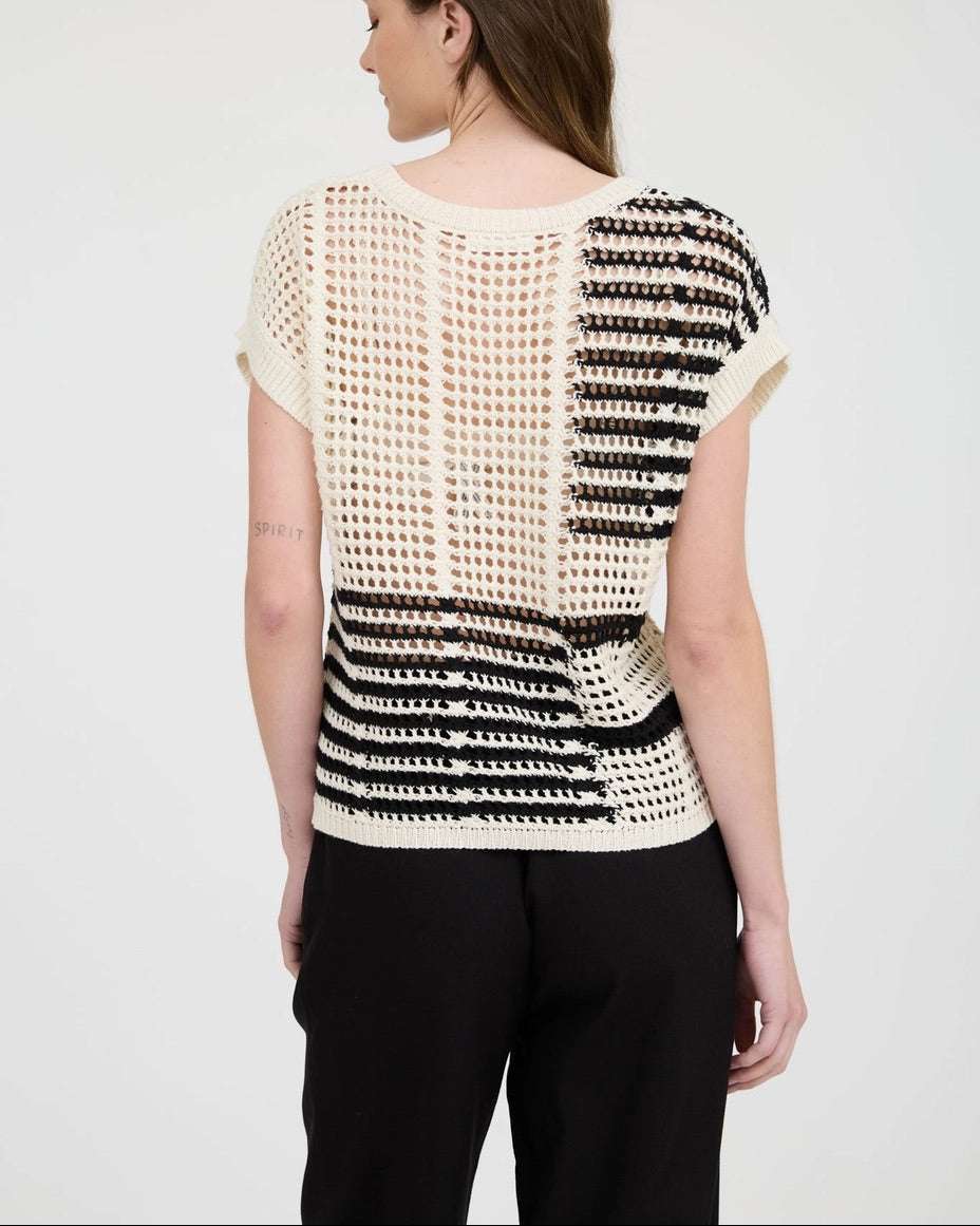 Black and cream sheer crochet short sleeve top with relaxed fit.