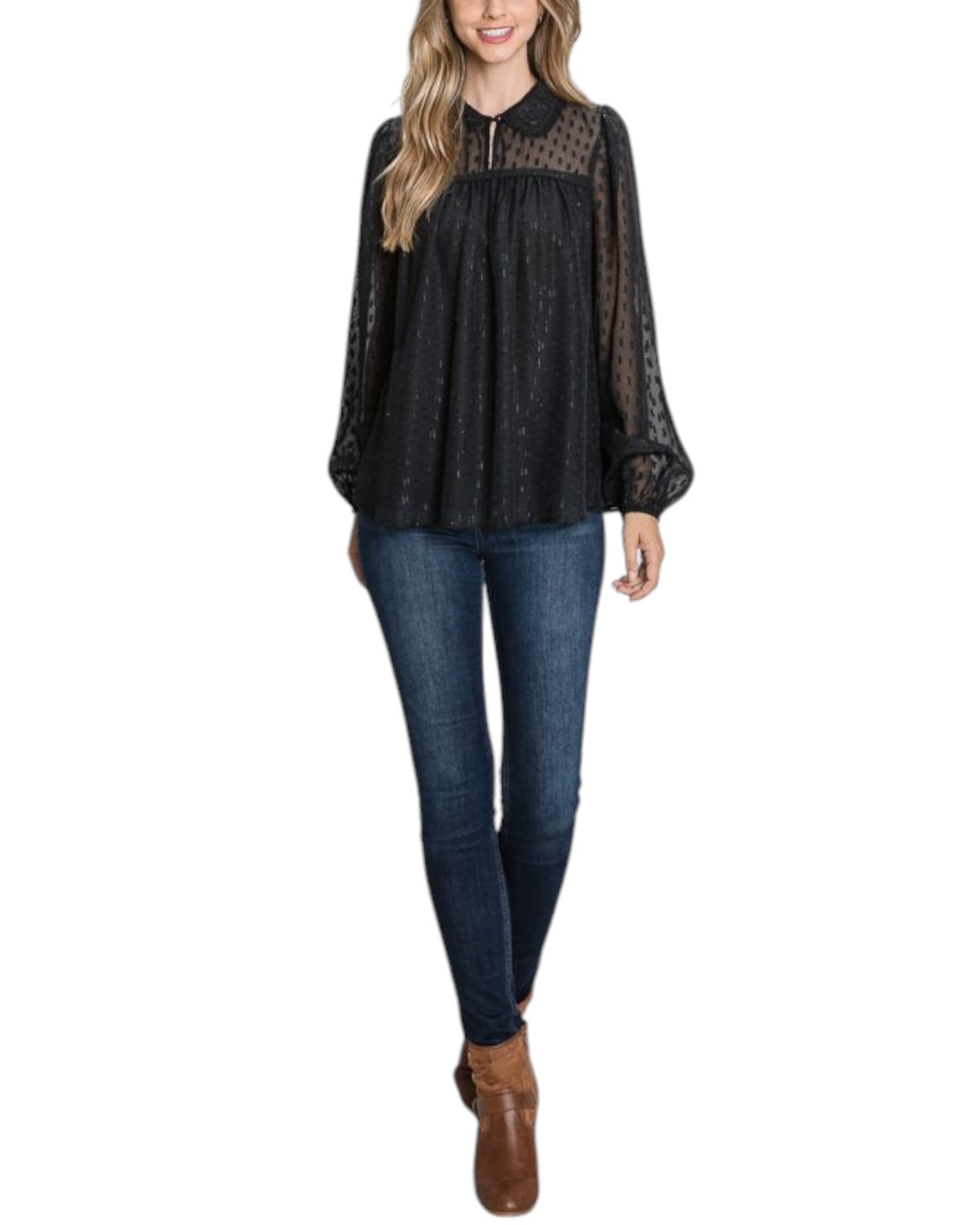 A black sheer jacquard blouse with shimmering gold accents, featuring a keyhole neckline, long voluminous sleeves, and a feminine gathered yoke detail.