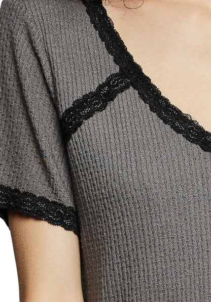 Gray ribbed sweater with black lace trim on a plain background.