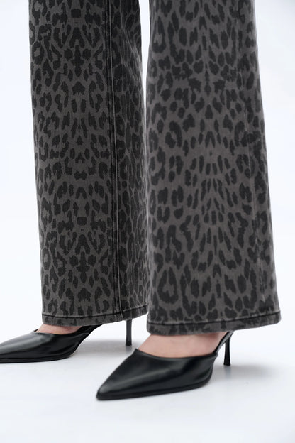 Charcoal Leopard Super Stretch High Rise Jeans with clean hem and subtle leopard print pattern.