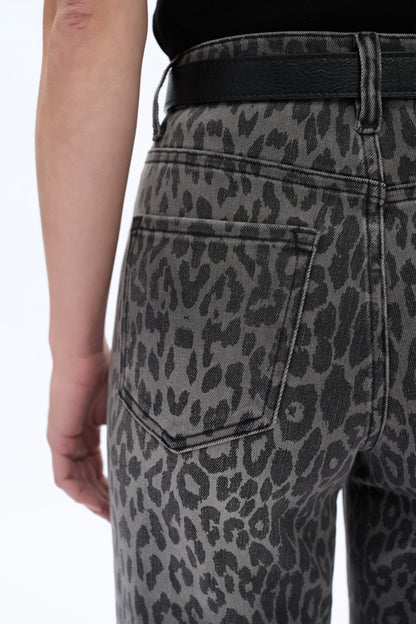 Charcoal Leopard Super Stretch High Rise Jeans with clean hem and subtle leopard print pattern. 