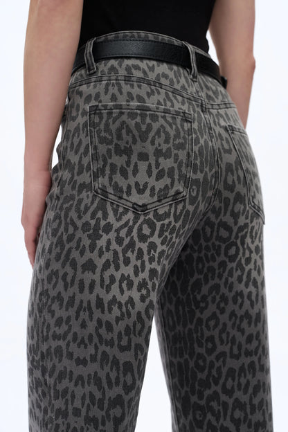 Charcoal Leopard Super Stretch High Rise Jeans with clean hem and subtle leopard print pattern.