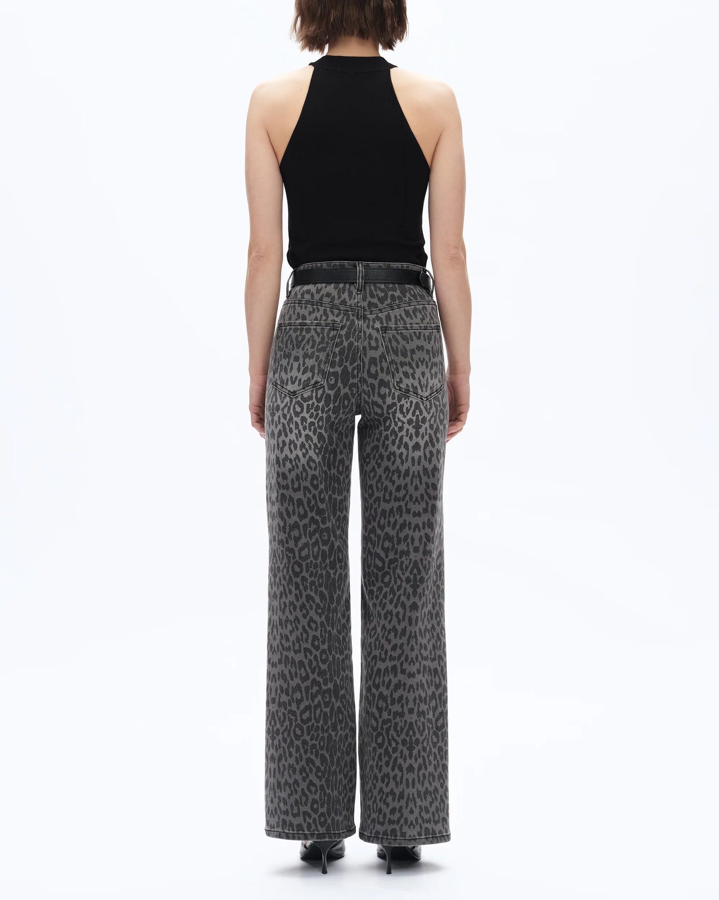 Charcoal Leopard Super Stretch High Rise Jeans with clean hem and subtle leopard print pattern. 