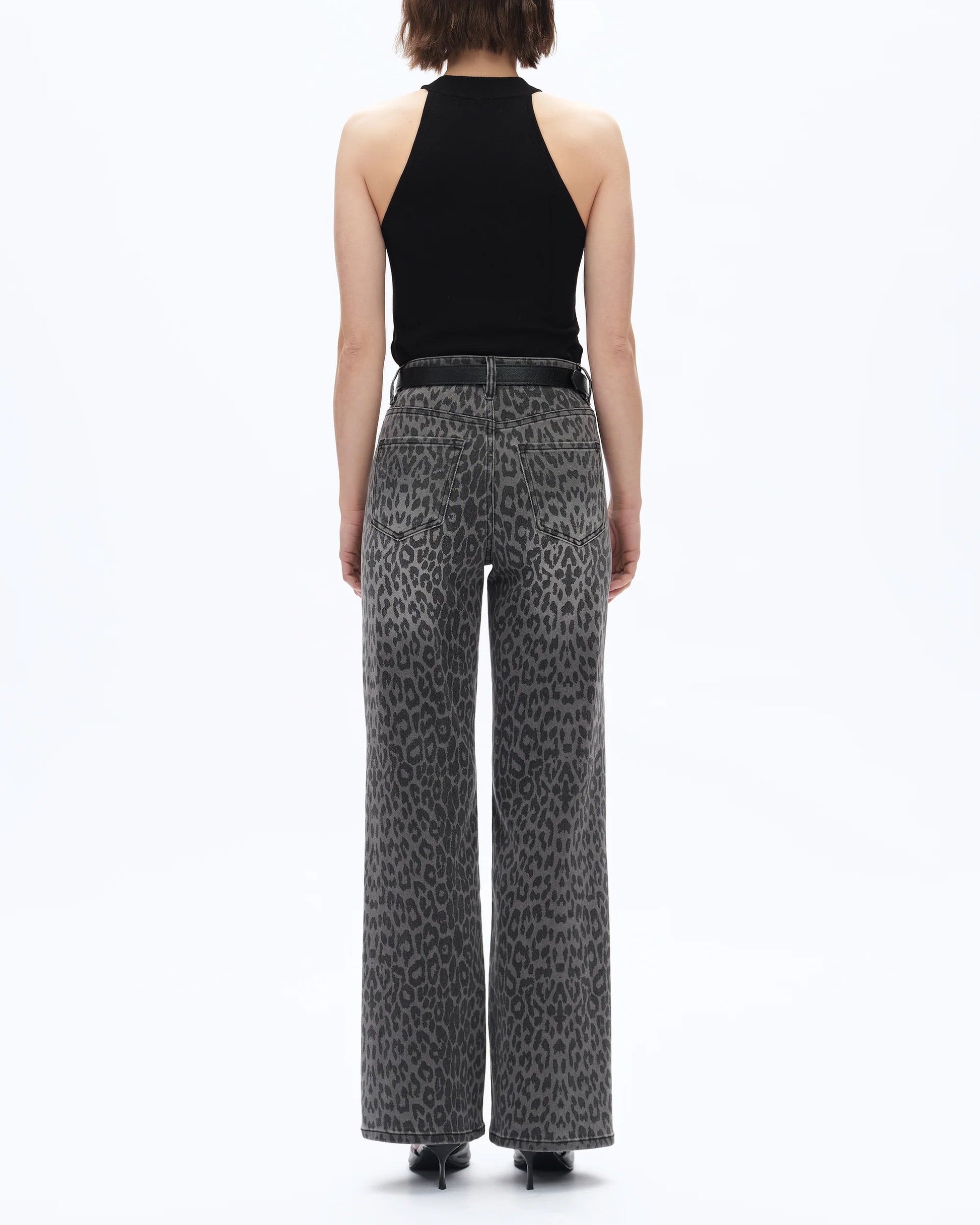 Charcoal Leopard Super Stretch High Rise Jeans with clean hem and subtle leopard print pattern. 